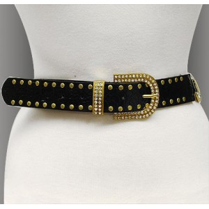 Belt - 12 PCS Patent Croc Embossed w/Rhinestone Gold Tone Oval Chain - Black Color - BLT-TO40182B