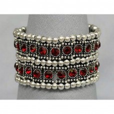 Bracelet – 12 PCS Stretchable Rhinestone Bracelets - Double-Row w/ Bali Beads - Red - BR-KH11255RD
