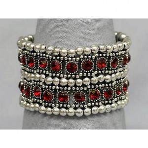 Bracelet – 12 PCS Stretchable Rhinestone Bracelets - Double-Row w/ Bali Beads - Red - BR-KH11255RD