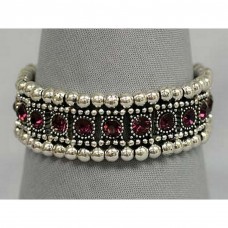 Bracelet – 12 PCS Stretchable Rhinestone Bracelets - Single Row w/ Bali Beads - Purple - BR-KH11362PL