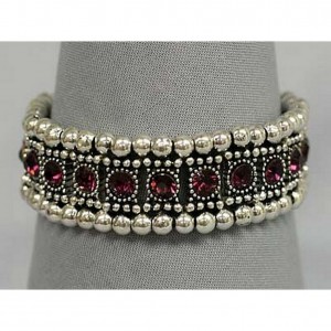 Bracelet – 12 PCS Stretchable Rhinestone Bracelets - Single Row w/ Bali Beads - Purple - BR-KH11362PL