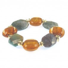 Bracelet – 12 PCS Murano Glass + Semi Stones Stretchable Bracelet - Gold - BR-MB7023GGB