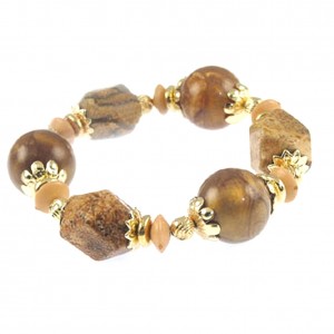 Bracelet – 12 PCS Semi Precious Stretchable Bracelet - Gold Tone/Light Brown - BR-MB7025GLB