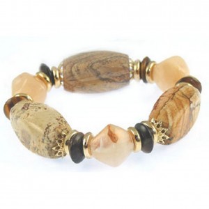 Bracelet – 12 PCS Semi Precious Stretchable Bracelet - Gold Tone/Natural - BR-MB7026GN