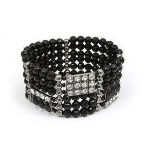 Bracelet – 12 PCS Stretchable Bracelets - Beaded & Rhinestone - Black  - BR-MCB249BK