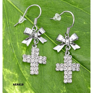 Rhinestone Cross Earrings w/ Bows - ER-AEA61S