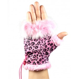 Gloves - 12-pair Fingerless Suede -Like Leopard Print  W/ Fur Trim - GL-G3204A