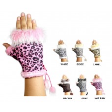 Gloves - 12-pair Fingerless Suede -Like Leopard Print  W/ Fur Trim - GL-G3204A