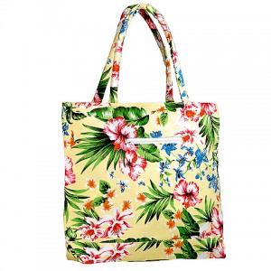 Canvas Tote w/ Tropical Flower Print - Yellow - BG-1509YL