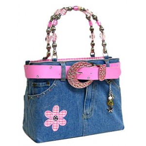 Denim Jean Purse w/ Belt & Key Chain/Flower - Pink - BG-ABJ13MPK