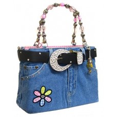 Denim Jean Purse W/ Belt & Key Chain/Flower - Pink - BG-ABJ13MBK