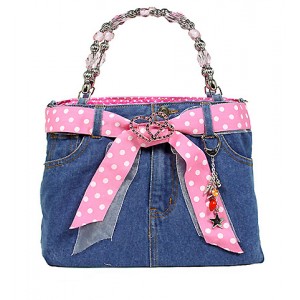 Denim Jean Purse w/ Polka Dots Ribbon -  BG-BJ117MPK