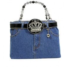 Denim Jean Purse w/ Rhinestone Crown Charm Belt - BG-BJ142MBK