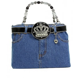 Denim Jean Purse w/ Rhinestone Crown Charm Belt - BG-BJ142MBK