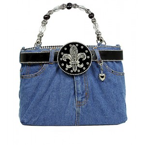 Denim Jean Purse  w/ Rhinestone  Fleur De Lis Charm Belt - BG-BJ143MBK