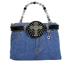 Denim Jean Purse w/ Rhinestone Cross Charm Belt - BG-BJ144MBK