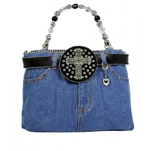 Denim Jean Purse w/ Rhinestone Cross Charm Belt - BG-BJ144MBK