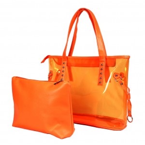 Clear PVC 2-in-1 Totes w/ Leather-like PU Trim - Orange - BG-100843OR