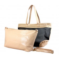 Mesh 2-in-1 Totes w/ Metal Studded Croc Embossed PU Trim - Beige - BG-100845BEI