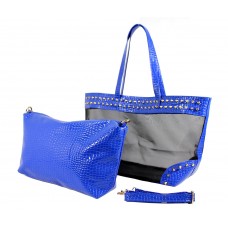 Mesh 2-in-1 Totes w/ Metal Studded Croc Embossed PU Trim - Blue - BG-100845BL