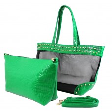 Mesh 2-in-1 Totes w/ Metal Studded Croc Embossed PU Trim - Green - BG-100845GR