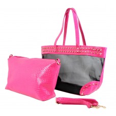 Mesh 2-in-1 Totes w/ Metal Studded Croc Embossed PU Trim - Pink - BG-100845PN