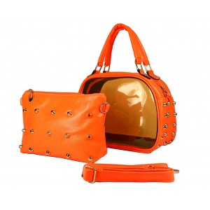 Clear PVC 2-in-1 Satchel w/ Metal Studded Leather-like PU Trim - Orange- BG-100856OR