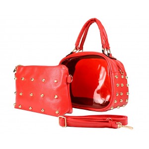 Clear PVC 2-in-1 Satchel w/ Metal Studded Leather-like PU Trim - Red -BG-100856R