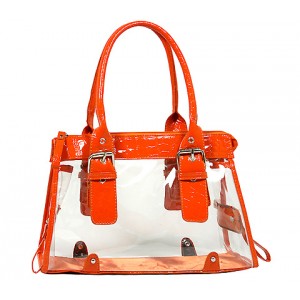 Clear PVC Tote Bag w/ Croc Embossed Patent Leather-like Trim - Orange - BG-CLR002OG