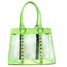 Clear PVC Tote Bag - Croc Embossed Patent Leather-like Trim w/ Pyramid Studs - Green- BG-CLR003GN