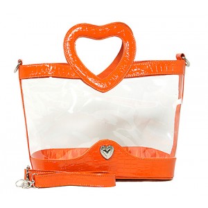 Clear PVC Satchel - Croc Embossed Patent Leather-like Trim w/ Open Heart Shape Handles - Orange  - BG-CLR004OG