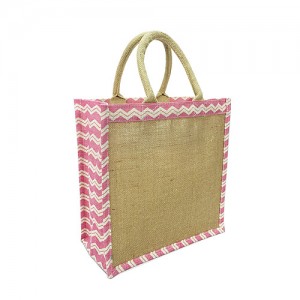 Jute Tote – 12 PCS – 12" Chevron Print w/ Cotton Webbed Tube Handles - BG-JTG101