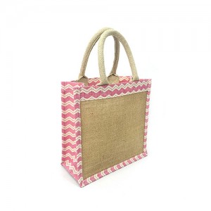 Jute Tote – 12 PCS – 10" Chevron Print w/ Cotton Webbed Tube Handles - BG-JTG201