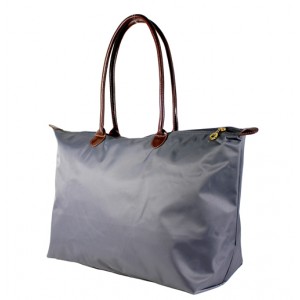 Nylon Large Shopping Tote w/ Leather Like Handles - Grey -BG-HD1293GY
