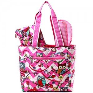 Quilted Cotton Diaper Bag - 12 PCS Owl & Chevron Printed - Pink - BG-OW601PK