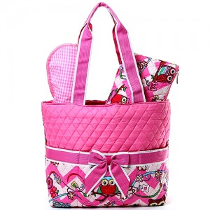 Quilted Cotton Diaper Bag - 12 PCS Owl & Chevron Printed - Pink - BG-OW601PK