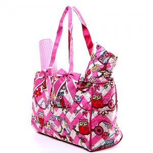 Quilted Cotton Diaper Bag - 12 PCS Owl & Chevron Printed - Pink - BG-OW603PK