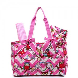 Quilted Cotton Diaper Bag - 12 PCS Owl & Chevron Printed - Pink - BG-OW603PK