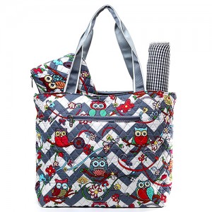 Quilted Cotton Diaper Bag - 12 PCS Owl & Chevron Printed - Grey - BG-OW604GY