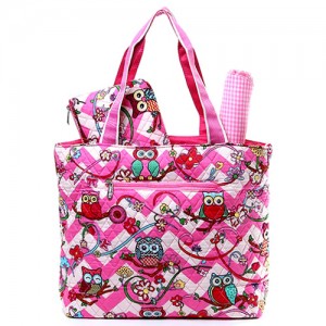 Quilted Cotton Diaper Bag - 12 PCS Owl & Chevron Printed - Pink - BG-OW604PK