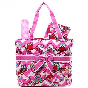 Quilted Cotton Diaper Bag - 12 PCS Owl & Chevron Printed - Pink - BG-OW604PK