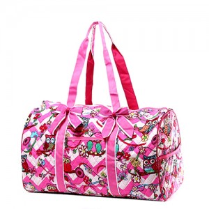 Quilted Cotton Duffel Bags - 12 PCS Owl & Chevron Printed - Pink - BG-OW703PK