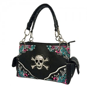 Western Style Tote Bag w/ Rhinestone Stones Skull Charm - Black - BG-SK7805BK