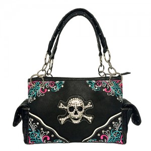 Western Style Tote Bag w/ Rhinestone Stones Skull Charm - Black - BG-SK7805BK