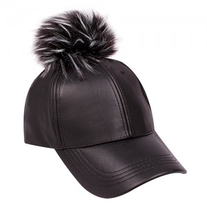 Baseball Cap – 12 PCS Faux Leather With Detachable Faux Fox Fur Pom Pom - Black - HT-AO326BK