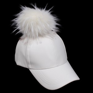 Baseball Cap – 12 PCS Faux Leather With Detachable Faux Fox Fur Pom Pom - Ivory - HT-AO326IV