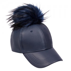 Baseball Cap – 12 PCS Faux Leather With Detachable Faux Fox Fur Pom Pom - Navy - HT-AO326NV