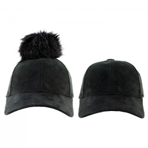 Baseball Cap – 12 PCS Faux Suede w/ Detachable Faux Fox Fur Pom Pom - Black - HT-BA-12BK