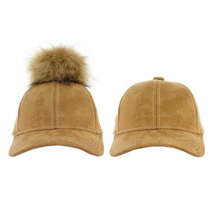 Baseball Cap – 12 PCS Faux Suede w/ Detachable Faux Fox Fur Pom Pom - Camel - HT-BA-12CA