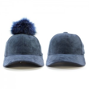 Baseball Cap – 12 PCS Faux Suede w/ Detachable Faux Fox Fur Pom Pom - Navy - HT-BA-12NV